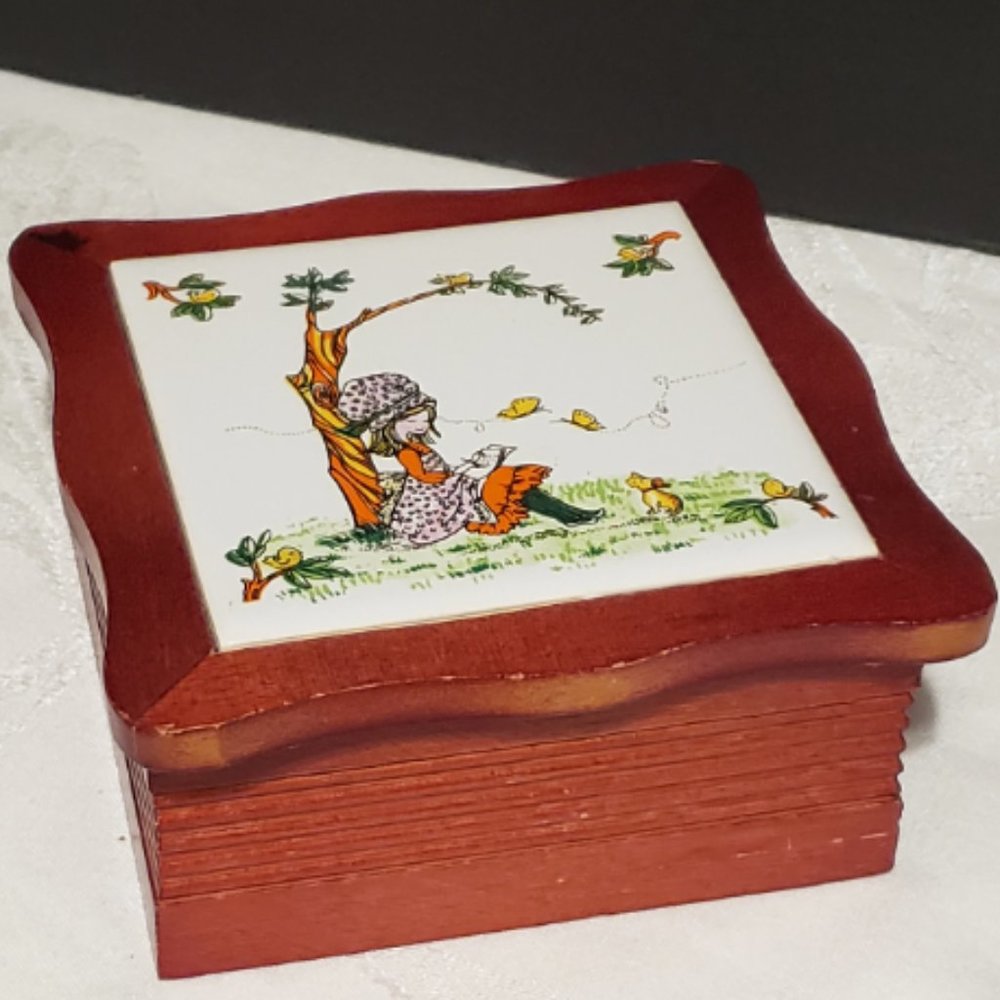 Holly Hobbie Wooden Jewelry Box, Vintage Lidded Red Lined Trinket Box